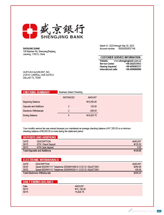 Download Shengjing Bank company checking account statement Word and PDF templa Photoshop template